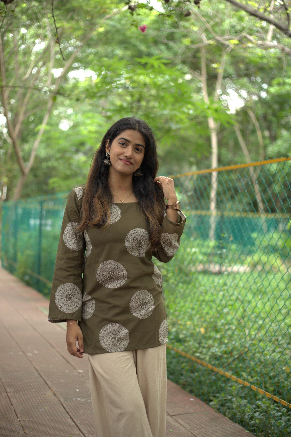 Olive top with large cream mandala print and square neckline